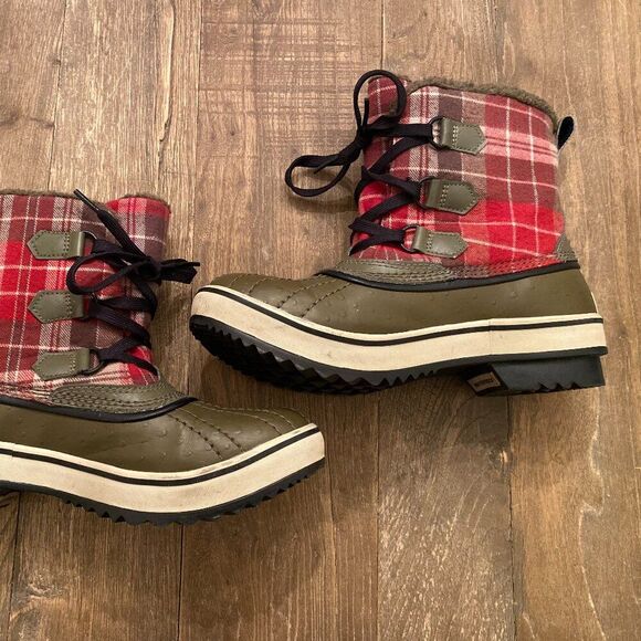 Sorel Tivoli Plaid Rain Ankle Booties Insulated Duck Boots Snow Hiking Olive 7 - Picture 2 of 6